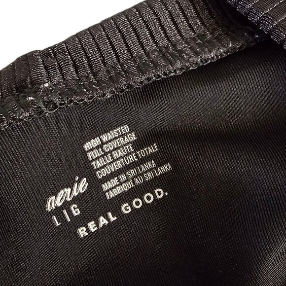 Aerie High Waisted Full Coverage Bikini Bottoms, Ribbed, Black, High Cut, Size L - Picture 6 of 6